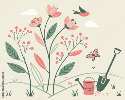 Spring Garden Vector Illustration with Flowers, Bird and Gardening Tools. Minimalistic and soft-colored vector illustration featuring blooming flowers, leaves, berries, butterfly, bird, watering can.