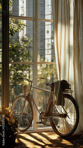 Sunlight Streaming Through a Window Onto a Vintage Bicycle by a Garden in a C...