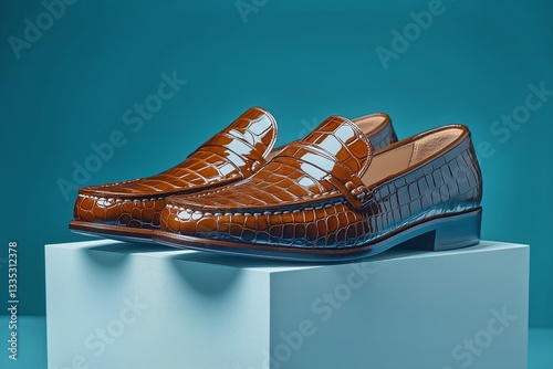 Stylish Leather Loafers Displayed on a Pedestal Against a Vibrant Blue Backgr...