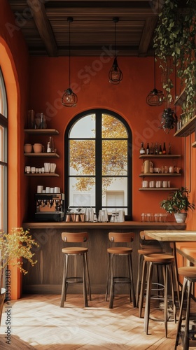 Cozy Coffee Shop Interior With Warm Orange Color Scheme and Decorative Plants...