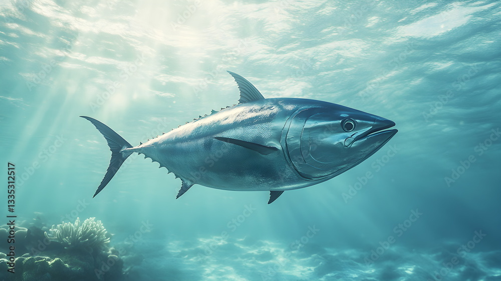 Fototapeta premium A photorealistic depiction of a tuna gliding through crystal-clear waters near the ocean’s surface, its sleek metallic scales reflecting soft sunlight, surrounded by faint coral formations