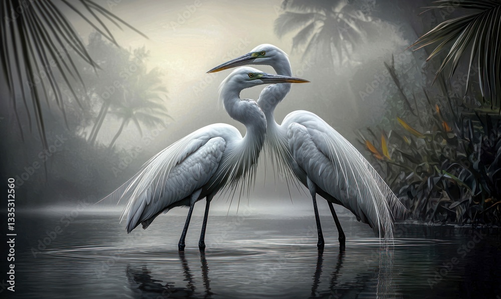 Fototapeta premium A pair of great egrets gracefully pose in a calm waterway surrounded by lush greenery.