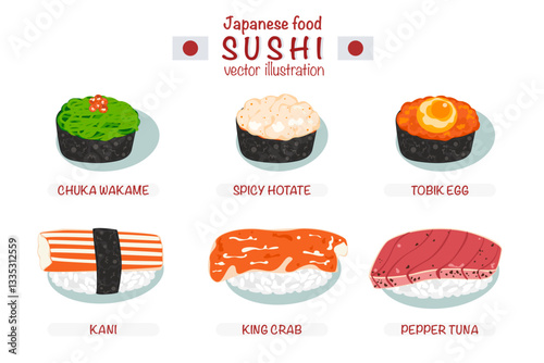 Set of different types of sushi vector illustration. Delicious food. Popular Japanese food. Nigiri sushi. Raw fish on rice. Recipe. Cooking. Menu. Restaurant. For food design, poster and background.