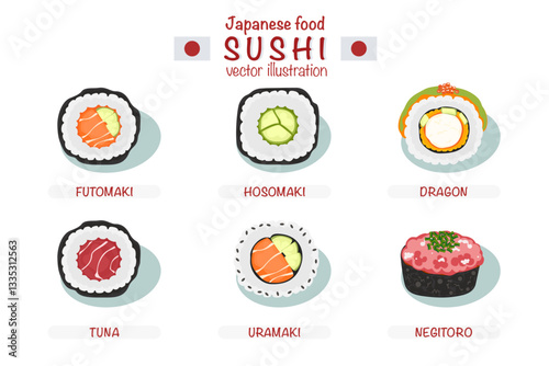 Set of different types of sushi vector illustration. Delicious food. Popular Japanese food. Nigiri sushi. Raw fish on rice. Recipe. Cooking. Menu. Restaurant. For food design, poster and background.