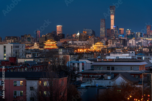Urban scenery of Beijing, China: The light and shadow of ancient-style architecture and modern skyscrapers