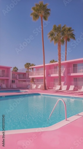 Vibrant Pink Poolside Retreat With Palm Trees in Sunny Location