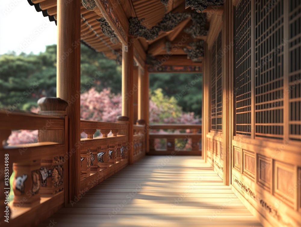 Obraz premium Beautiful wooden porch and walkway leading to natural scenery