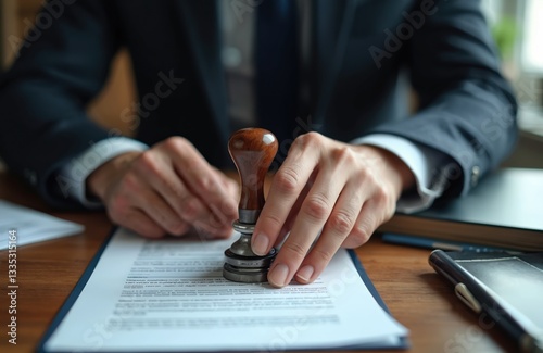 Man stamps document on desk. Rubber stamp in businessman hands. Office paperwork with official approval, business certificate, company guarantee. Lawyer approves contract or signs legal paper.