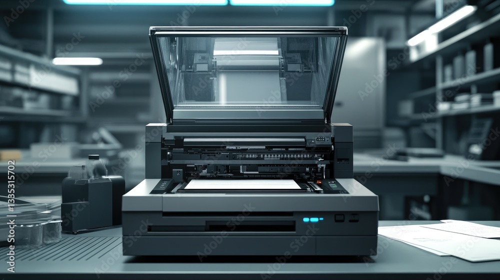 Fototapeta premium High-Resolution Scanner on a Desk in a Modern Office Setting, Featuring a Paper Feed Tray and Sleek Design Aesthetics