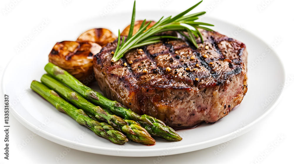 A steak with asparagus and potatoes on a white plate. The steak is cooked medium rare and has a nice sear. The asparagus is tender and slightly charred, and the potatoes are crispy and golden brown A steak with asparagus and potatoes on a white plate. The steak is cooked medium rare and has a nice sear. The asparagus is tender and slightly charred, and the potatoes are crispy and golden brown