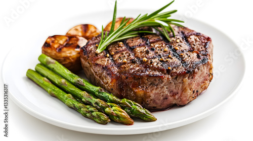 A steak with asparagus and potatoes on a white plate. The steak is cooked medium rare and has a nice sear. The asparagus is tender and slightly charred, and the potatoes are crispy and golden brown