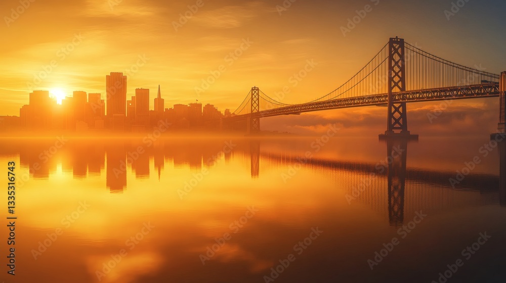 Fototapeta premium A beautiful sunrise over the city with its suspension bridge