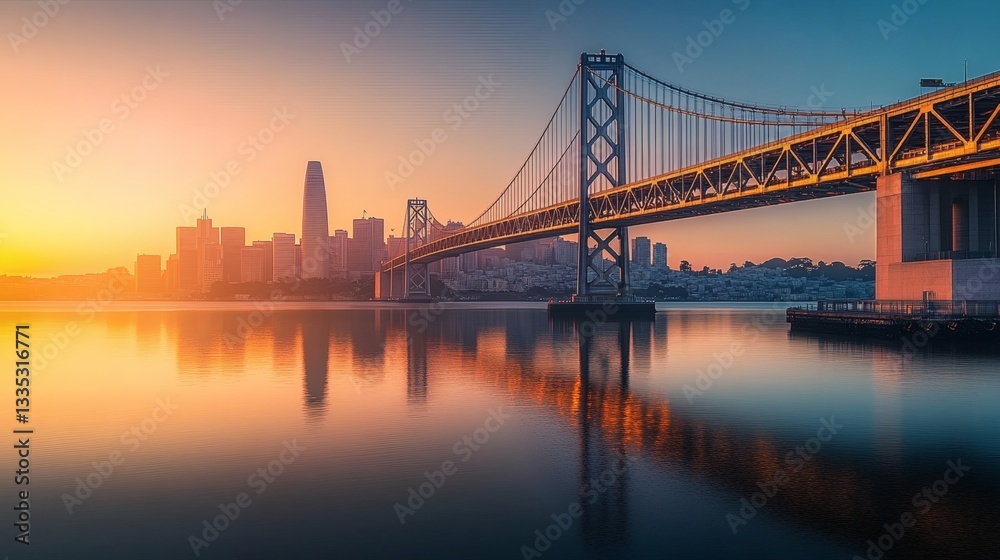 Fototapeta premium A beautiful suspension bridge spans a serene body of water