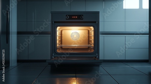 An empty electric oven with hot air ventilation. The new oven has its door open and the light on.