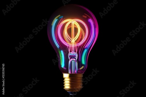 Colorful light bulb with swirling rainbow lines, isolated on a black background