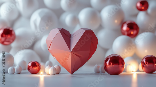An unorthodox Valentine's Day celebration with a minimalist white background, a geometric heart centerpiece, and soft lighting photo