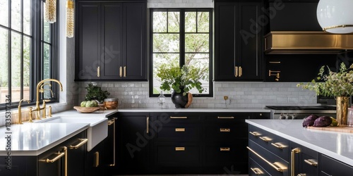 A modern and stylish kitchen with dark cabinets and gold accents