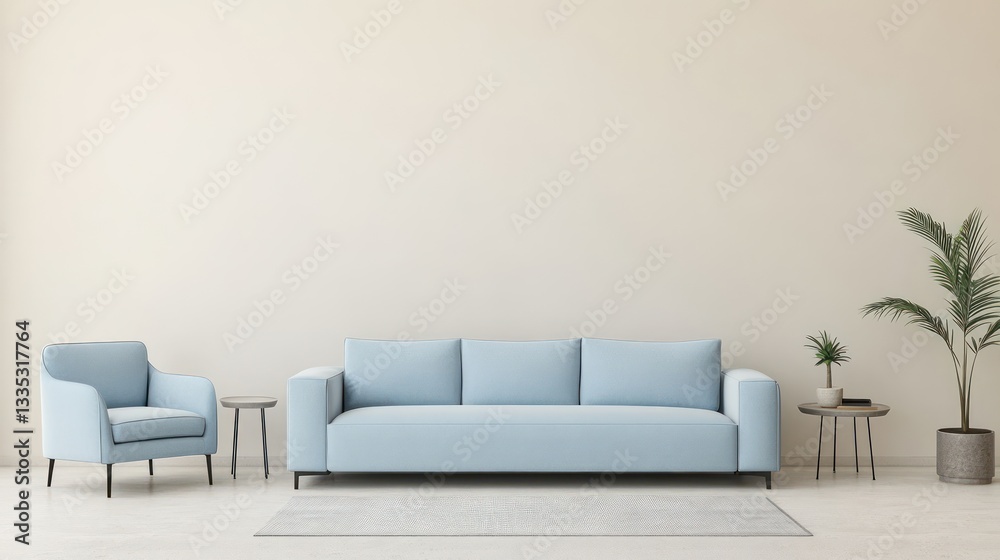 A minimalist living room with an oversized sky blue sofa, complemented by a matching armchair and side table, placed against a soft cream-colored wall