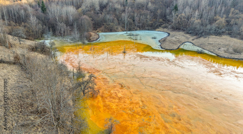 Drone image of the nature pollution and water contamination of the copper mine exploitation in Geamana, near Rosia Montana, Romania, Europe	