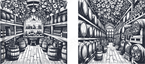 Set of Cellar with Oak Wood Barrels in a Floral Store Room, Engraved Linocut: A Timeless Blend of Craftsmanship and Nature's Beauty old color