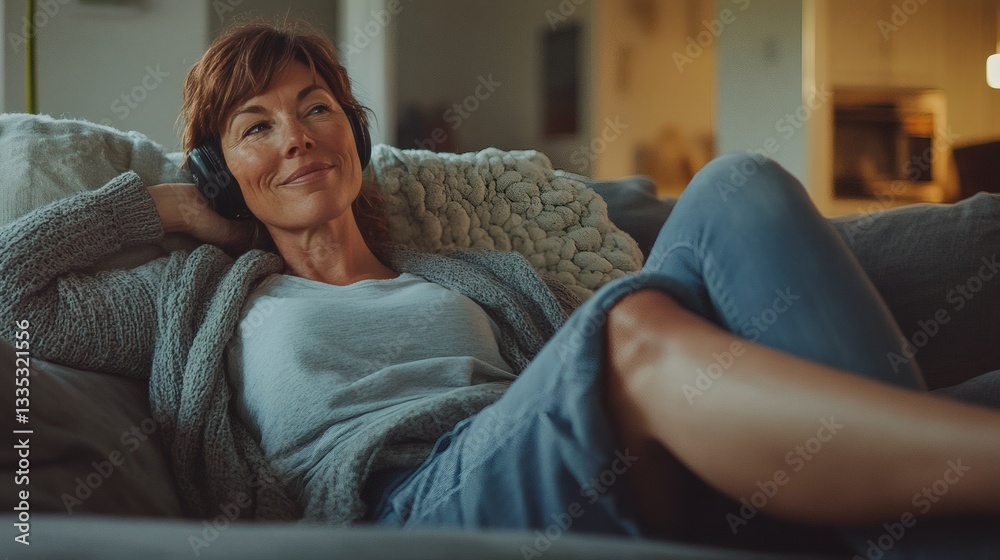 Obraz premium A relaxed woman lounges listening to music with headphones on