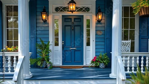 Charming blue house entrance with vibrant flowers and welcoming porch