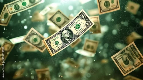 Floating dollar bills in a dynamic underwater scene with bubbles
