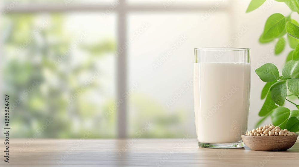 Minimalist Kitchen Countertop with Glass of Milk and Greenery Minimalist Kitchen Countertop with Glass of Milk and Greenery