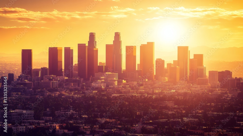 Fototapeta premium Majestic cityscape bathed in a radiant golden sunset atmosphere