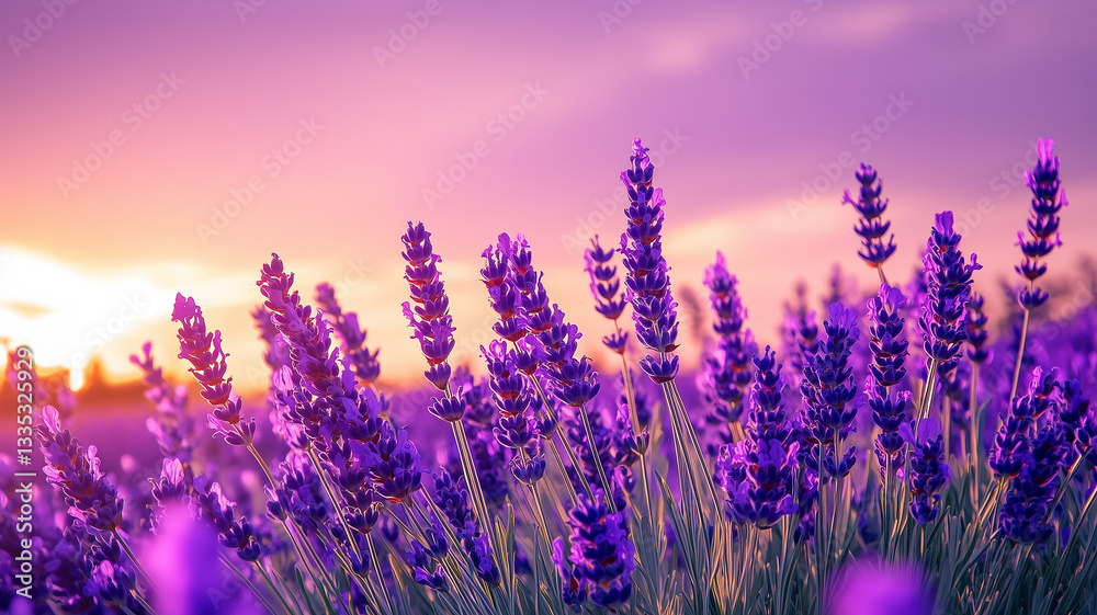 Fototapeta premium Beautiful blooming lavender flowers in golden sunset light, capturing a peaceful and romantic natural scenery perfect for relaxation themes