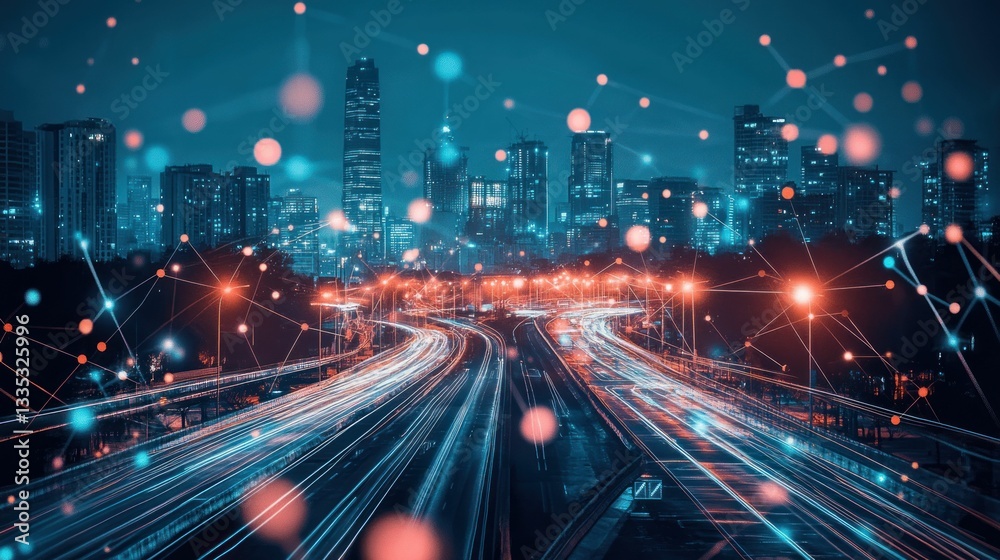 Cityscape with Abstract Light Trails and Network Connections Cityscape with Abstract Light Trails and Network Connections