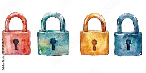 Watercolor padlocks in different colors on a white background