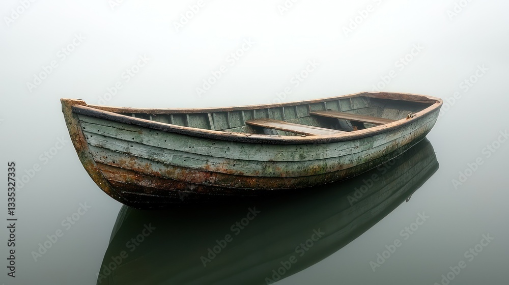 Solitude on Misty Lake: A Weathered Rowboat's Stillness Solitude on Misty Lake: A Weathered Rowboat's Stillness