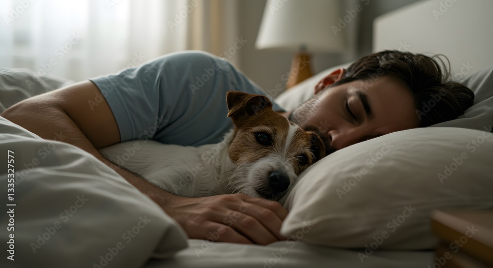 Man Sleeping Peacefully with Dog in Bed at Home Together Man Sleeping Peacefully with Dog in Bed at Home Together