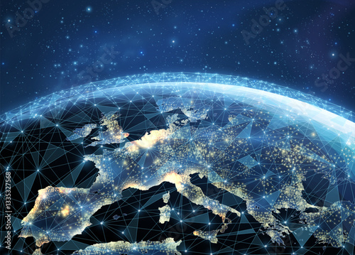 Digital Europe map concept. Global network, cryptocurrency transaction, world transfer.