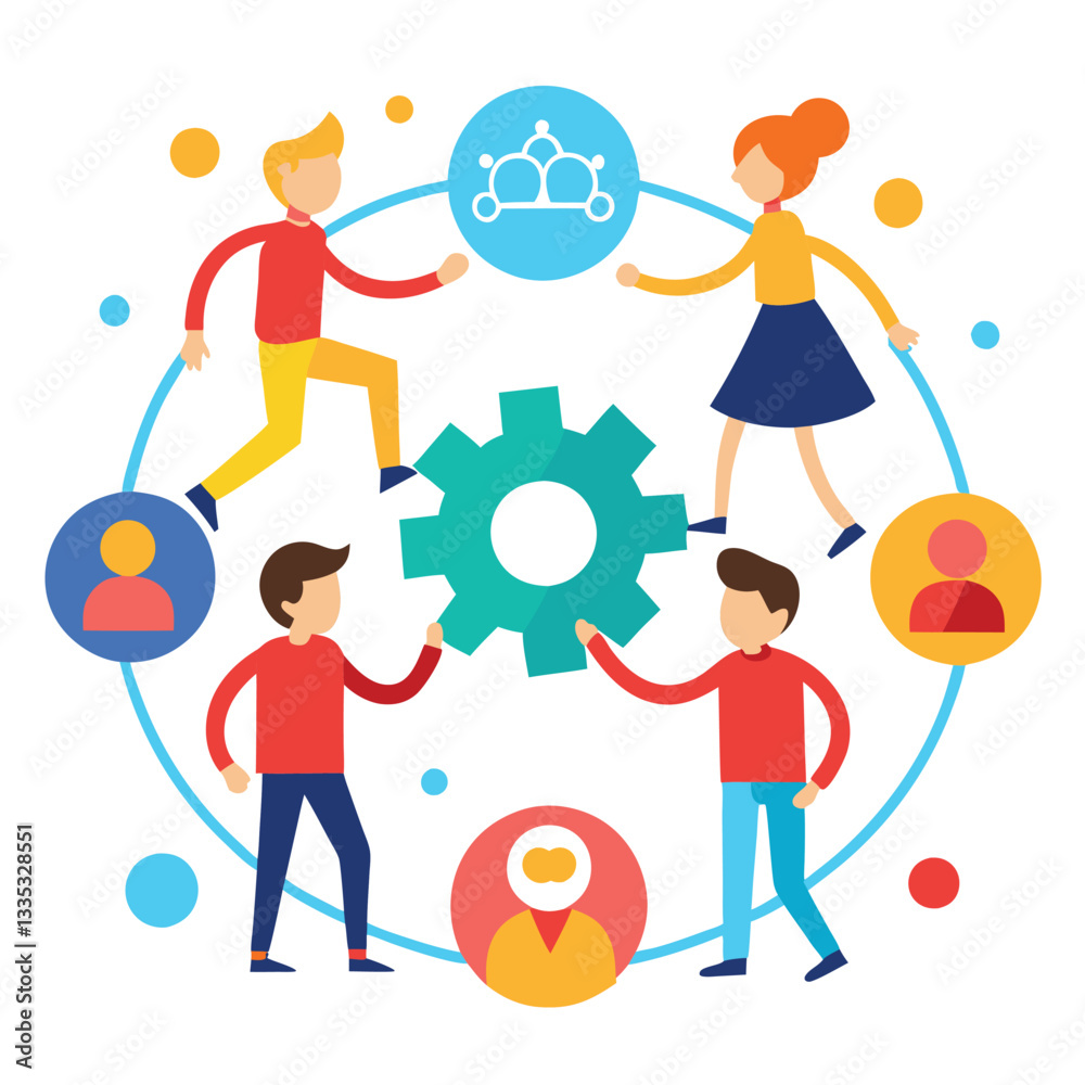 Flat Design Teamwork Concept Vector – People Holding Gear Symbol for Office Collaboration, Group Effort, and Business Project Management Illustration Flat Design Teamwork Concept Vector – People Holding Gear Symbol for Office Collaboration, Group Effort, and Business Project Management Illustration