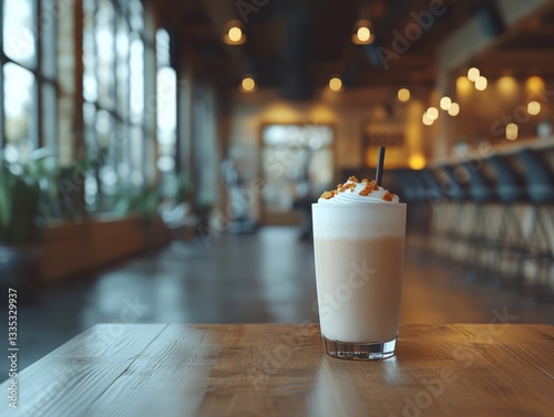 Well-Lit Gym Setting with Vegan Protein Shake on Wooden Table