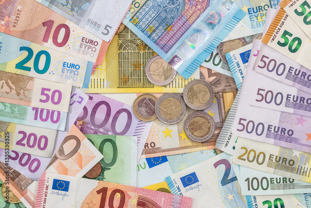 pile of different paper euro banknotes and coins cent pile of different paper euro banknotes and coins cent