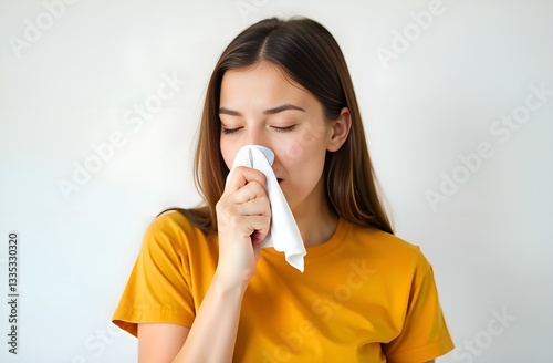 A woman sneezing in handkerchief on white background. Season allergy
