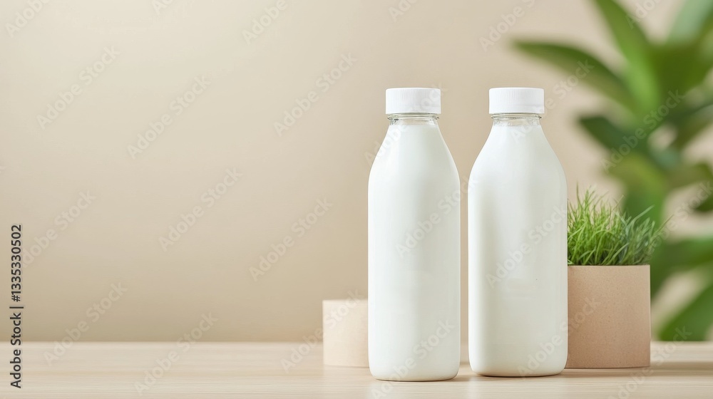 Fresh Natural Milk Bottles on Minimalist Wooden Table with Plant Fresh Natural Milk Bottles on Minimalist Wooden Table with Plant