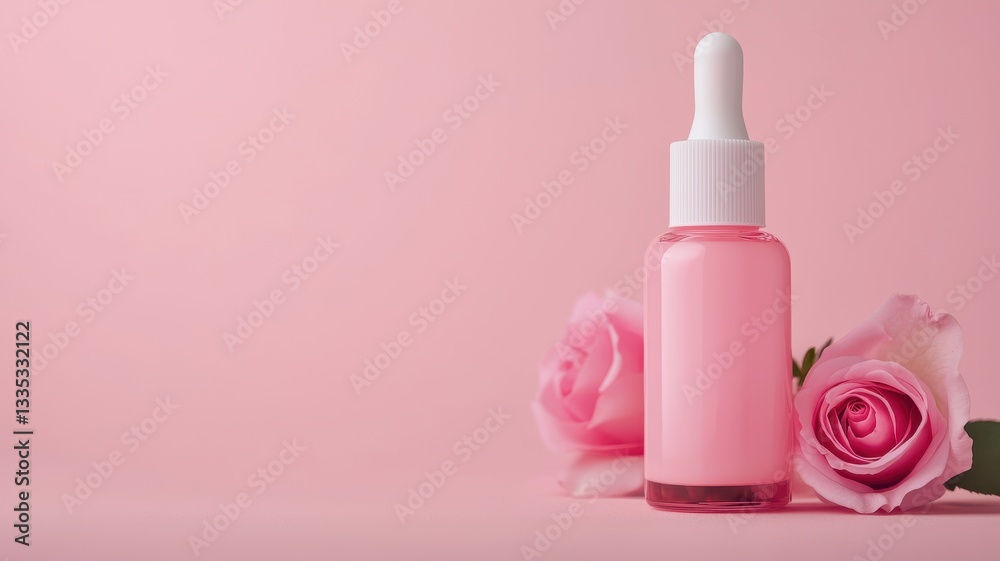 National pink day with feminine and flowers idea. Pink serum bottle with roses on a soft pink background. National pink day with feminine and flowers idea. Pink serum bottle with roses on a soft pink background.
