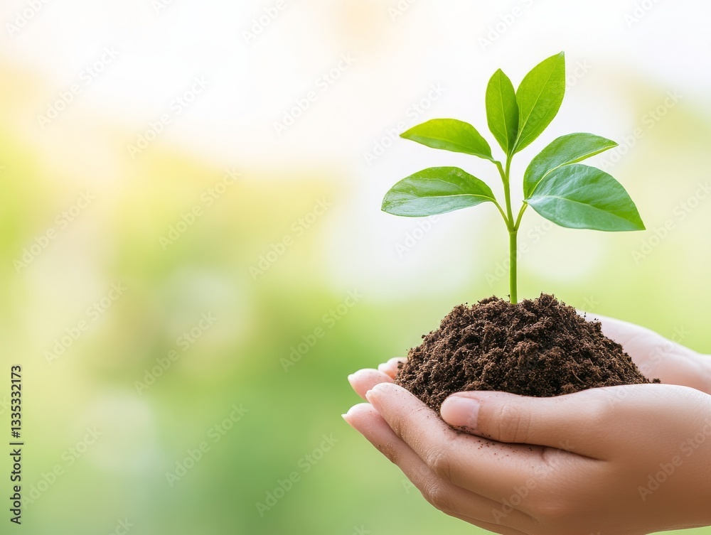 Hands Holding Seedling in Rich Soil Against Blurred Green Background Hands Holding Seedling in Rich Soil Against Blurred Green Background
