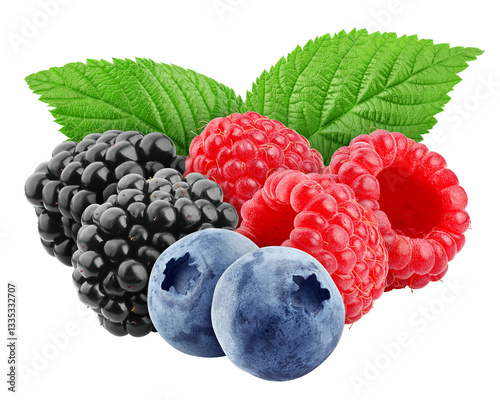 wild Berries mix, raspberry, blueberries, blackberries isolated on white background, full depth of field