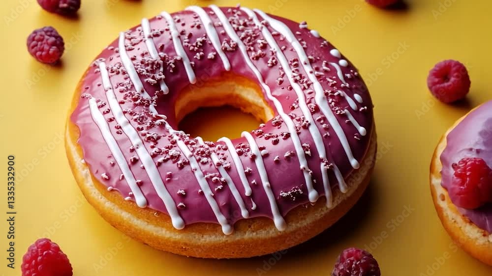 Colorful glazed donuts with sprinkles on a vibrant yellow background