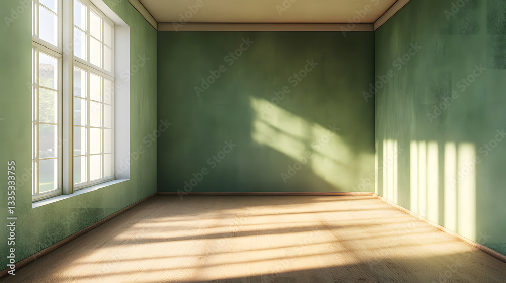 Obraz premium Living room with a striking green wall and natural light.