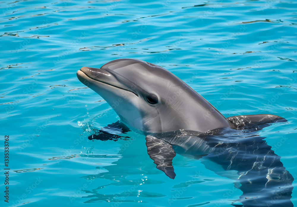 Naklejka premium Dolphin Swimming Underwater, Marine Mammal in Blue Ocean