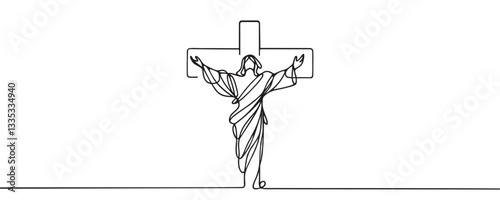 continuous line art of jesus christ. one line drawing of lord jesus being crucified on the cross. line art of crucifixion event of jesus christ. vector illustration.