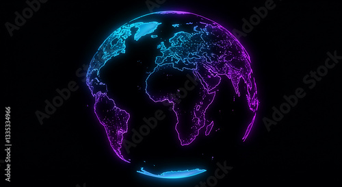 Un globo neón brillante con continentes en tonos vibrantes de azul eléctrico, púrpura y verde sobre un fondo negro profundo. Simbolizan el flujo de datos y las redes de comunicación