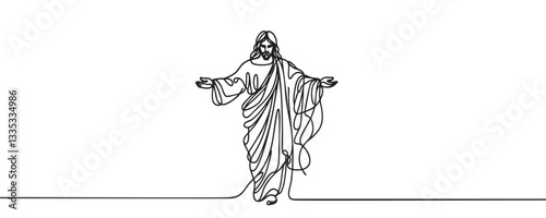 Schilderij op canvas One line drawing of Lord Jesus with outstretched arms