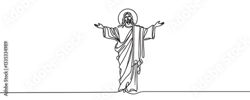 One line drawing of Lord Jesus with outstretched arms. One line vector illustration